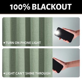 Yakamok Light Sage Green Linen Curtains 100% Blackout 90 Inches Long,Room Darkening Textured Curtains for Living Room Thermal Grommet Bedroom Curtains 2 Panels with White Liner