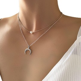 TseenYi Silver Layered Necklace Crescent Moon Pendant Necklace Vintage Pearl Choker Necklaces Jewellery for Women and Girls Gifts
