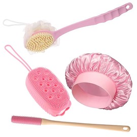 El cepillo de baño tiene mango curvado antideslizante, cerdas y red de enjabonado, red de enjabonado burbujeante, cerdas limpias, limpieza a juego sin dañar la piel; el cepillo exfoliante detiene el picor y exfolia, mango alargado sin dobleces; el gorro 