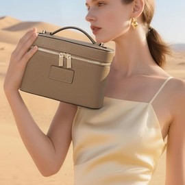 HiTotes - Bolsa de maquillaje para mujer, bolsa de cosméticos de piel, bolsa de viaje para artículos de aseo portátil, organizador de maquillaje, Caqu