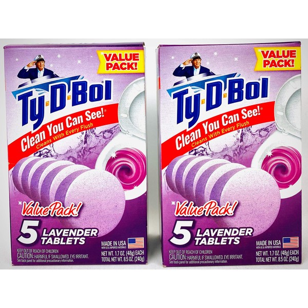 Ty D Bol Toilet Cleaning Tablets with Continuous Clean With Lavender color to deodorize your Toilets for a Fresh Smelling Bathroom 10 tabs (2-5 count packs)