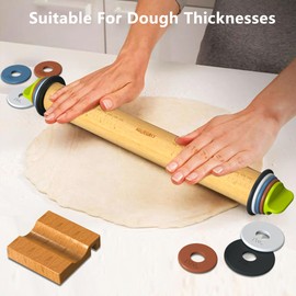 Aguegro Rolling Pin with Adjustable Thickness Ring, Dough Thickness for Baking, Fondant, Pizza, Crust, Cookies, Pastry, 13.6" Wooden Rolling Pin with 4 Multi-Color Thickness Rings and Wooden Stand