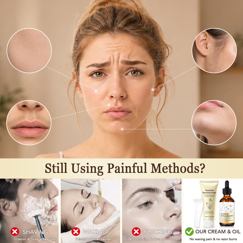 2-Step Facial Depilatory Kit, Depilatory Cream & Cyperus Serum