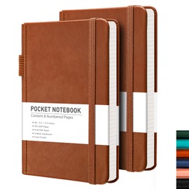 RETTACY Pocket Notebook, 2-Pack, A6 Mini Lined Journal Notebook with 160 Numbered Pages per Pack, 3.5" × 5.5" Small Size, Notepad for Work, Leather Hardcover, 100 GSM Thick Paper (Brown & Brown)