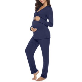 Irdcomps Women's Maternity Pyjamas Set Cotton Breastfeeding Nursing Nightwear PJ Set Long Sleeve Sleepwear Pregnancy for Hospital Home Navy Blue XL