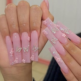 Pikabows Press On Nails Long Coffin Pink Butterfly Flower Ballerina Fake Nails Acrylic False Nail Tips Kit Glue on Nails for Women