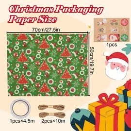 POPOYU Christmas Wrap Gift Wrapping Paper, Recycled Kraft Paper, 6 Folded Sheets 70x50cm Gift Wrapping Paper with Ribbon Stickers Reindeer Elk for Xmas Party Gifts Present, Christmas Decoration