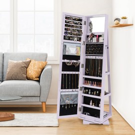 LOKO 360° Rotating Jewelry Armoire, Freestanding Jewelry Cabinet with Inside Makeup Mirror, 2-in-1 Lockable Jewelry Organizer w/Full-Length Mirror for Women (Lavender)