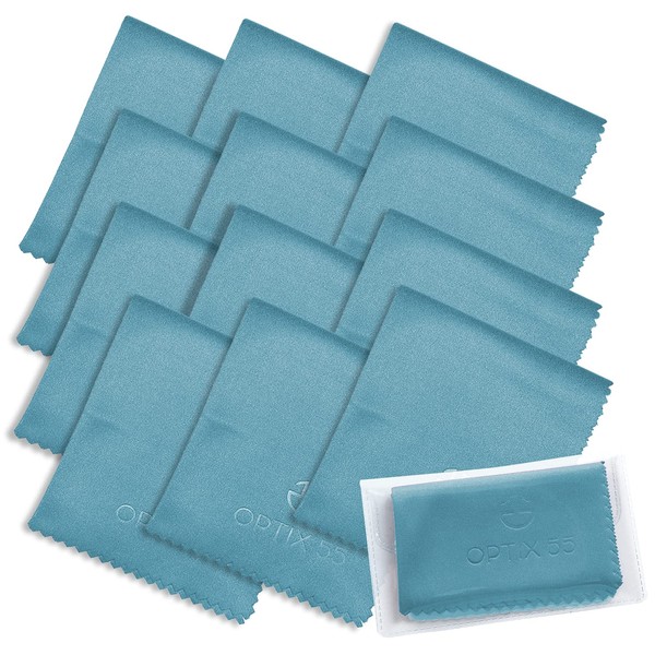 Microfiber Cleaning Cloths (6"x7") 12 Pack in Individual Vinyl Pouch | Glasses Cleaning Cloth for Eyeglasses, Phone, Screens, Electronics, Camera Lens Cleaner (12 Pack - Blue)