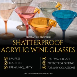 European Style Plastic Crystal Glasses, Unbreakable Martini, Cocktail |Set of 6| Shatterproof Acrylic 100% Tritan Drinkware, Colored BPA-free, Reusable, Outdoor, Pool & Indoor, Dishwasher Safe 10oz