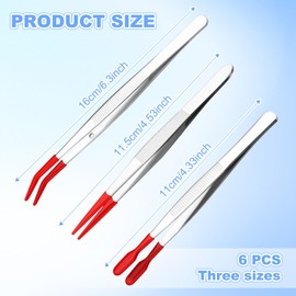 6 PCS Tweezers with Rubber Tips Set, PVC Coated Precision Tweezers, Rubber Straight Tip Tweezer Rubbers Flat Tip and Long Bent Tweezer for Craft Jewelry Beads Lab Industrial Stamps(Red)