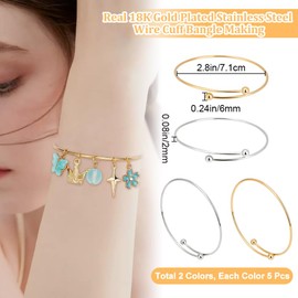 Beebeecraft 10Pcs 2 Colors Expandable Blank Bangle Bracelets 18K Gold Plated Stainless Steel Open Closure Removable Ball Charm Silver Adjustable Cuffs Bangles for DIY Jewelry Making Bracelet Craft