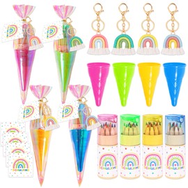 HOWAF Pack of 4 First Day at School Gift Sibling School Cone Boys Girls, Small School Cone Siblings Sugar Bag Small with Coloured Pencils, Keyring Rainbow for School Child First Day of School Gifts, A