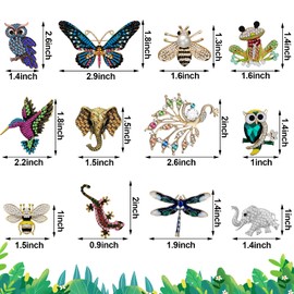 12 Pcs Women Brooches Bulk Set Rhinestone Crystal Vintage with Hummingbird Owl Elephant Peacock Bee Brooch Pin Animal Shape Butterfly Pins for Women Girls Christmas Gifts
