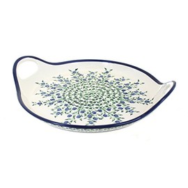 Blue Rose Polish Pottery Porcelain Vine Round Serving Tray with Handles