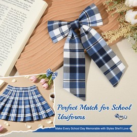 DEEKA 5 Styles Uniform Plaid Long Tail Hair Bows Knotted Headband Scrunchies Bow Set Alligator Clips Back to School Accessories for Toddler Little School Girls (Blue&White 5 Styles)