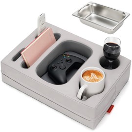 INNO STAGE Couch Cup Holder Pillow - Sofa Cup Holder with Stainless Steel Bowl Couch Drink Caddy Remote Snacks Cozy Mug Cupholder Buddy for Bed, Car, Man Cave, Rv, Tv, Backseat (PUGrey)