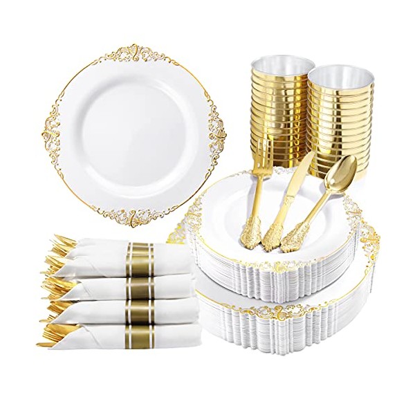 Nervure 350PCS White and Gold Plastic Plates & Pre Rolled Napkins with Plastic Cutlery for 50 Guests-Gold Disposable Plates, 150 Gold Plastic Silverware, 50Cups, 50Napkins for Party & Wedding