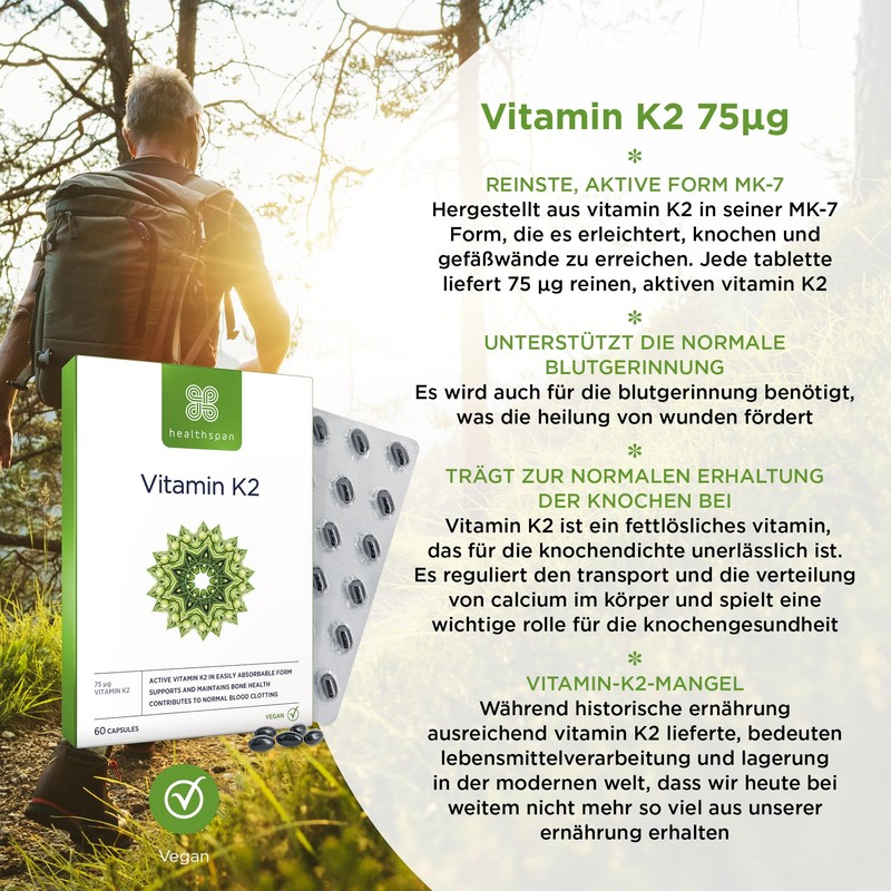 Healthspan Vitamin K2 75 mcg, Bone and Blood Health, Purest