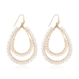 Bohemian Beaded Statement Earrings - Lightweight Sparkly Crystal Teardrop Dangle, Rainbow Marquise, Multi Color Oval Drop, Pearl Hoops (Boho Layered Beads Teardrop - Natural)