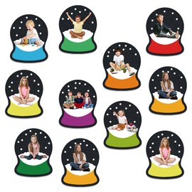 Whaline 45Pcs Winer Photo Snow Globe Cutouts Colorful Snow Globe Paper Cutouts Xmas Name Tag Snow Glass Domes Winter Bulletin Board Decorations with 100Pcs Glue Points for School Home Party Decor