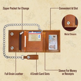 Large Chain Leather Trifold Wallet - Vintage Rugged Full Grain Leather Wallet w/ 18” Stainless Steel Chain - Snap Men's Trifold Wallets w/ Multiple Card Slots, ID Slot, & Zipper Pocket (Black)