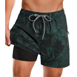 APTRO Men's Swimming Shorts Swimming Trunks with Inner Shorts Quick-Drying Board Shorts with Zip Pockets Sports Shorts, Palm Green 1, L