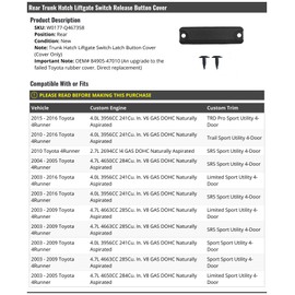 Rear Trunk Hatch Liftgate Switch Release Button Cover - Compatible with 2003-2016 Toyota 4Runner