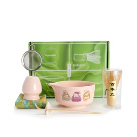 Matcha Whisk Set,7 Pcs Pink Matcha Kit with Ceramic Bowl,Bamboo Whisk & Holder,Scoop,Rest,Sifter and Tea Towel–Japanese Tea Set for Matcha Lovers