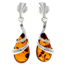 Genuine Teardrop Cognac Baltic Amber and 925 Sterling Silver Drop Dangling Modern Style Earrings - GL196C