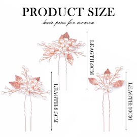 Handcess Bridal Wedding Hair Pins Rose Gold Rhinestone Hair Clips Leaf Headpiece Beads Bridal Hair Accessories for Women and Girls (Pack of 3)