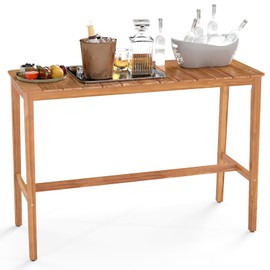HAPPYGRILL Acacia Wood Outdoor Bar Table 55 Inch, Rectangular Pub Table with Slatted Top and Adjustable Foot Pads, for Hot Tub, Balcony, Garden and Poolside