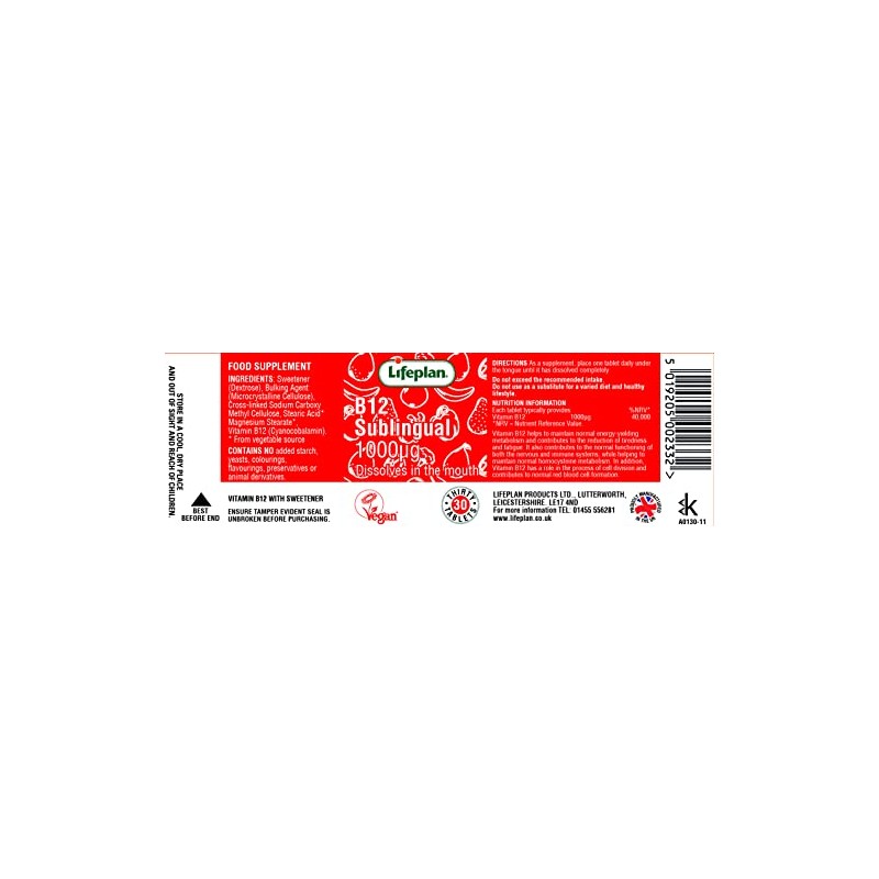 Lifeplan Vitamin B12 1000mcg. One month's Supply. Vegetarian & Vegan.