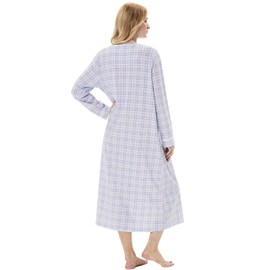 Keyocean Cotton Plaid Women Nightgowns, Soft Warm Comfortable Lightweight Long Sleeves Ladies Nightdress, Blue Plaid, X-Large