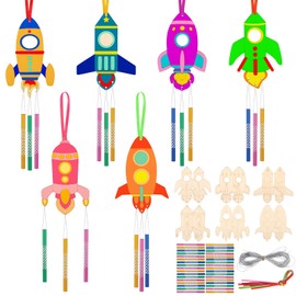 Kaisibum Wind Chime Craft Set Children, 12 Pieces Rocket Wind Chime Craft Set, DIY Space Children's Birthday Party Decoration, Wooden Wind Chime for Painting for Boys and Girls