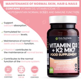 Only Nutrients | Vitamin D3 4000iu & Vitamin K2 125ug MK7 | 180 D3 K2 Enriched Vegetarian Tablets | Max Strength Supplement for Bone, Muscle & Immune System Support | UK Made Vitamin D Tablets