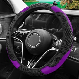 Elastic Stretch Steering Wheel Cover, Warm in Winter and Cool in Summer, Universal 15 inch Microfiber Breathable Ice Silk Anti Slip Car Interior Accessories, Odorless, (Black Purple)