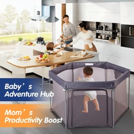 Baby Playpen 53x53 Inch, Indoor/Outdoor Portable Play Yard No Extra pad Required with Breathable Mesh Walls, Enclosed Safe Space for Babies, Quick Foldable Playpen for Home Travel Park (Grey)