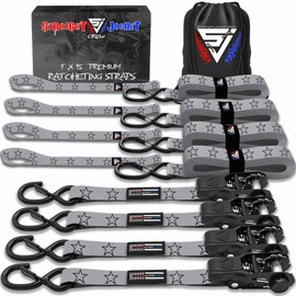Ratchet Tie Down Straps (4 Pack) - 1,823lb Max Break Strength incl. (4) Heavy Duty 1" x 15' Rachet Tie Downs with Hooks & Handles Best for Moving Securing Cargo by Straight Jacket Crew (Grey Stars)