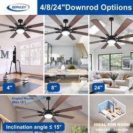 Depuley 72-Inch Ceiling Fan with Light: Modern 8-Blade Walnut and Black Indoor Outdoor Fans with Remote App Control Dimmable Light - Ultra Quiet DC Motor Reversible 6 Speed Timer