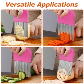 Crinkle Cutter for Veggies, Potato Fruit Wavy Chopper, Waffle Fry Cutter, French Fry Slicer, Stainless Steel Blade Cutting Tool, Pink