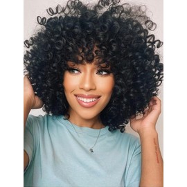 ISAMY Curly Afro Wig with Bangs Short Kinky Curly Wigs for Black Women Synthetic Fiber Soft Hair Short Curly Afro Wig (Black)