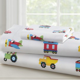 Wildkin Twin Sheet Set – Soft Microfiber, Fitted & Top Sheet, Pillowcase - Trains, Planes, and Trucks