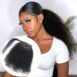 GREEMEO Clip in Ponytail Extension Wrap Around Long Straight Ponytail Natural Soft Human Hairpiece for Women 18 Inches - Black