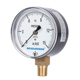 Measureman Diaphragm Type Capsule Low Pressure Gauge, 2-1/2" Dial, 1/4"NPT Lower Mount, Adjustable, 0-15 in H2O(Inches of Water)