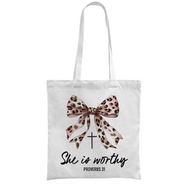 ShowDraven Christian Coquette Leopard Bow Tote Bag, Proverbs 31 Woman Gifts, Christian Bible Verse Gifts for Women Faith, She Is Worthy Preppy Bow Canvas Tote Bags, 15x15inch