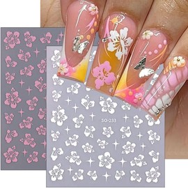 6Pcs Flowers Nail Art Stickers Decals 3D Pink Hibiscus Flower Nail Stickers Rose Gold Silver Yellow White Floral Nail Art Design Decoration Daisy Petals Nail Decals Cute Nail Supplies for Women Girls