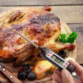 Relaxdays Küchenthermometer digital, Behälter mit Schlaufe, LCD-Display, Ofen, Grillen, Edelstahl Fühler, silber/schwarz