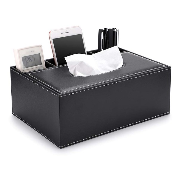 BSTKEY PU Leather Household Office Rectangular Tissue Box with Remote Control Storage Organizer Box - Elegant and Stylish Home Napkin Holder Desktop Tissue Paper Holder Desk Storage Organizer (Black)