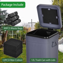 Umtiti Dog Poop Trash Can with Lid for Outdoors，3.2 Gallon Trash Can with Activated Carbon Filter & Plastic Bags, Pet Waste Container，UP12L-GY-F+90BK